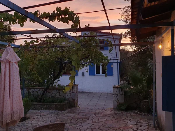 Courtyard with vine pergola and terrace in the evening light